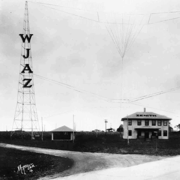 Zenith's WJAZ broadcast tower and headquarters, 1920s