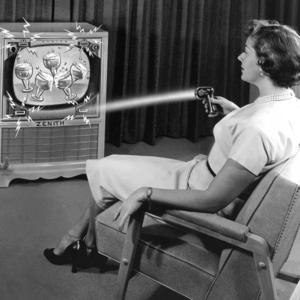 The Zenith Flash-Matic wireless remote in use, 1955