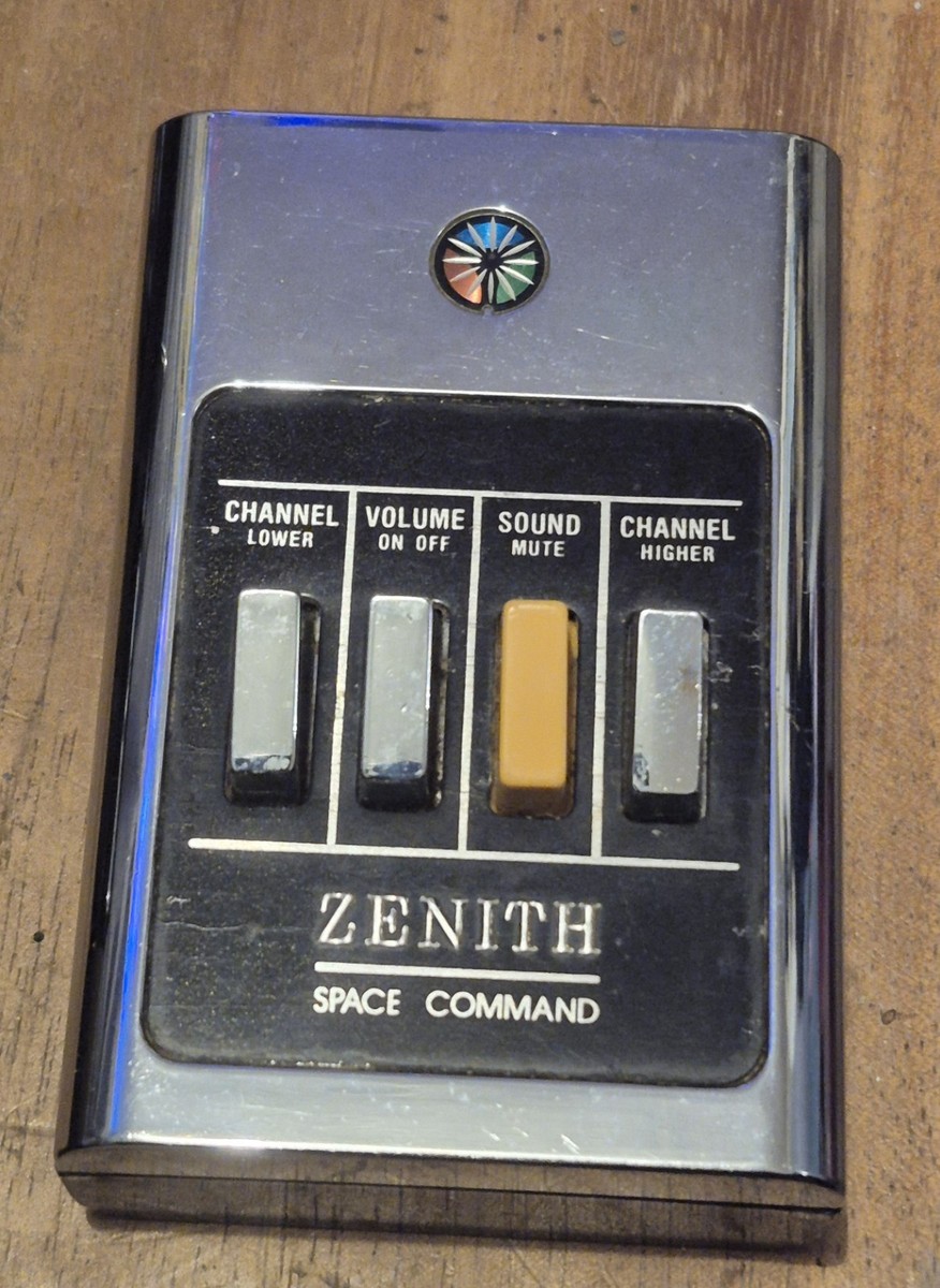 Zenith Space Command remote control — chrome body with channel, volume and power buttons and a starburst indicator